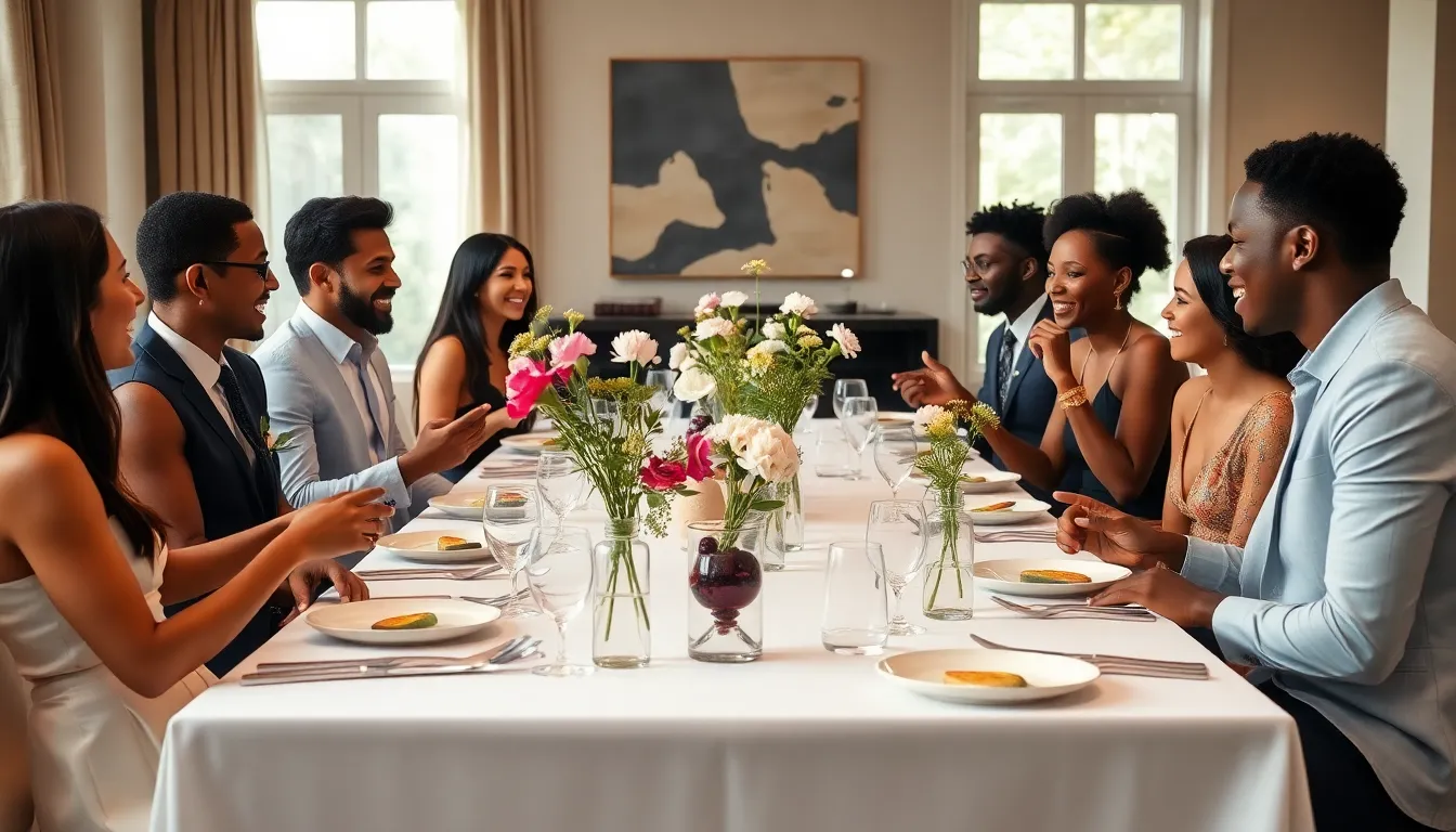 diverse group enjoying a chic dinner party in an elegant dining room.