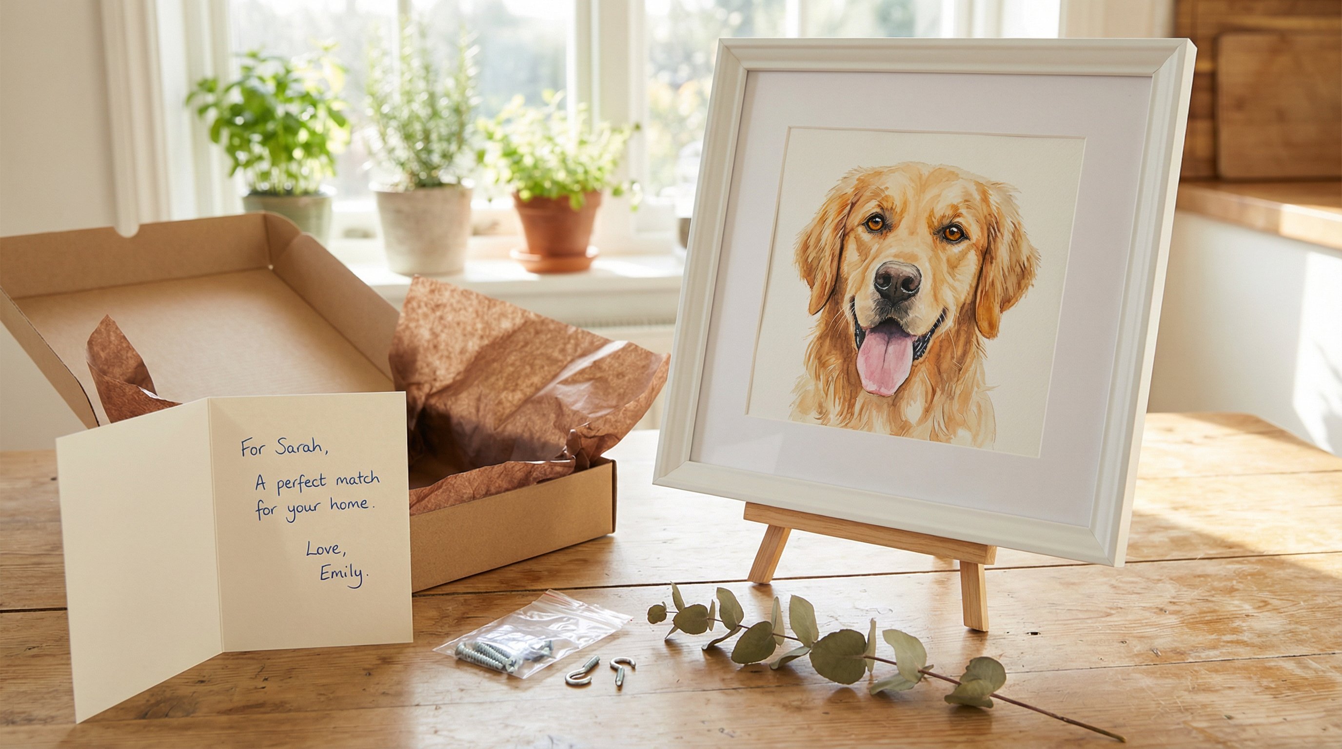 A framed dog portrait, handwritten card, and gift accessories on a sunlit table.