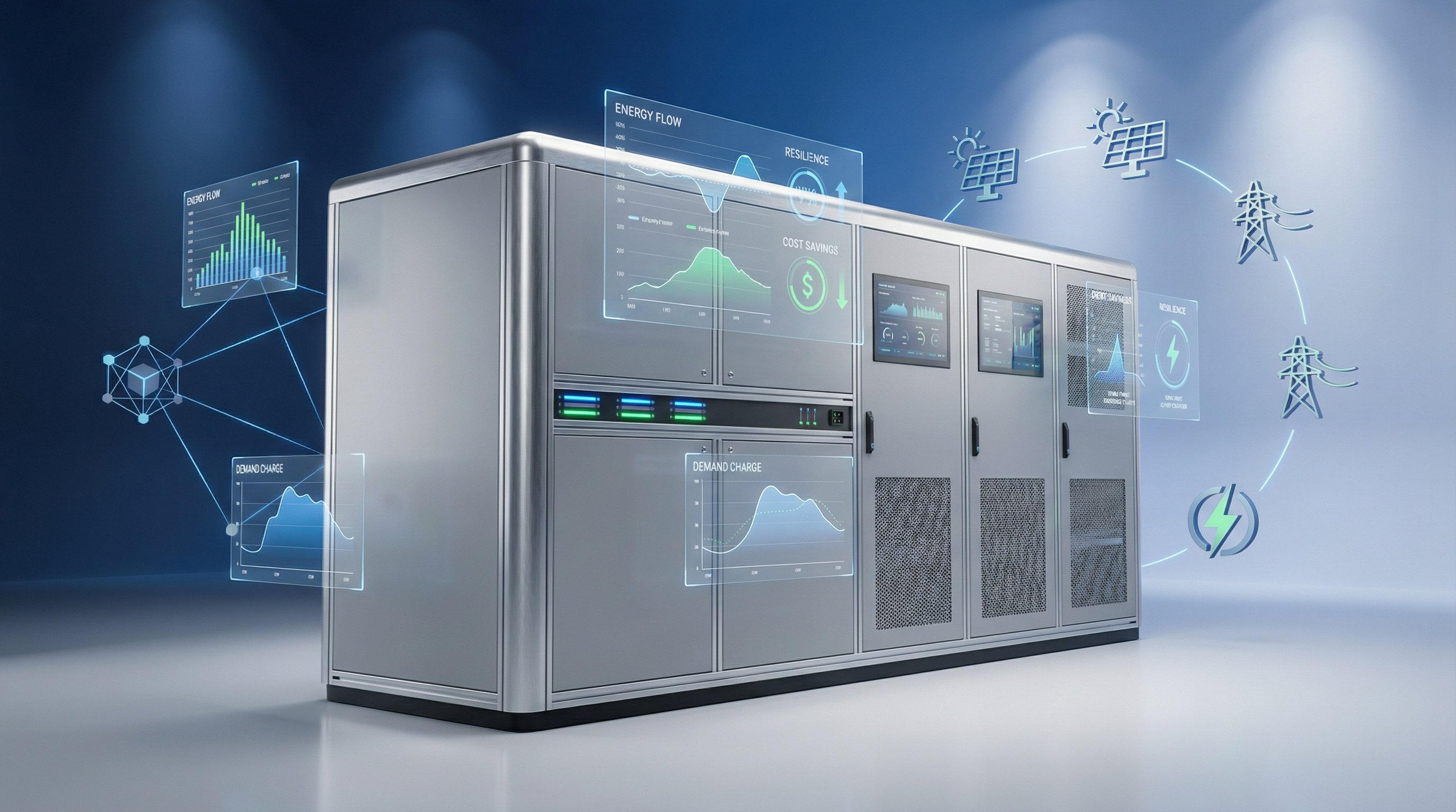 3D render of a commercial battery storage system with energy data overlays in a modern facility.