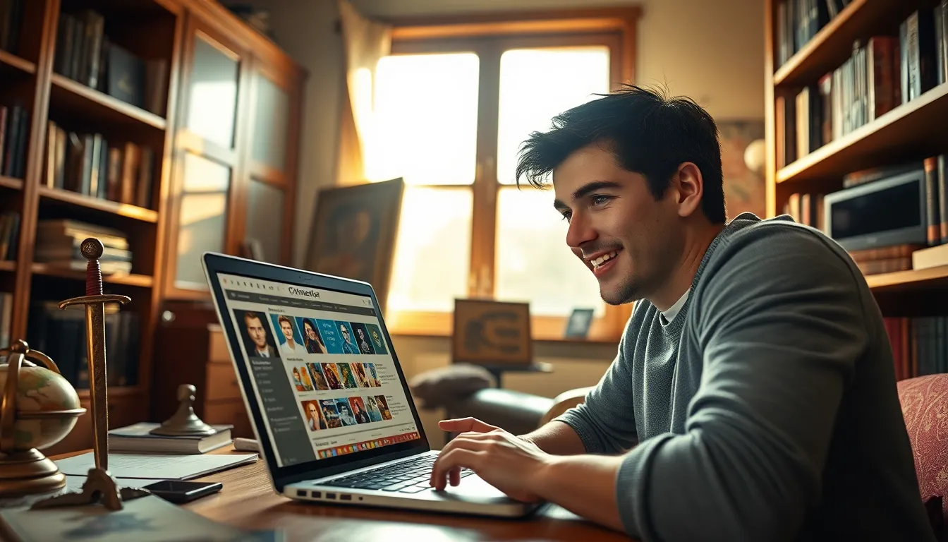 A young man using CK2Generator on a laptop in a cozy office.