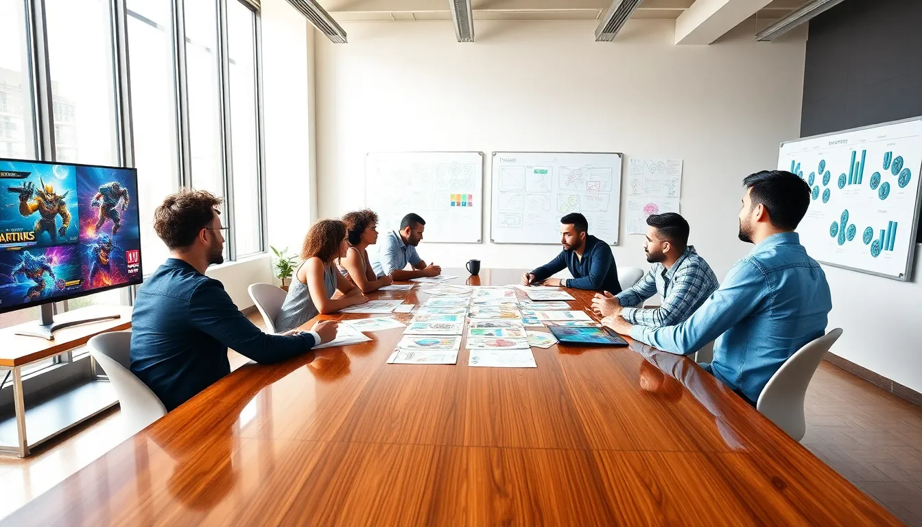 diverse team collaborating on video game designs in a modern office.