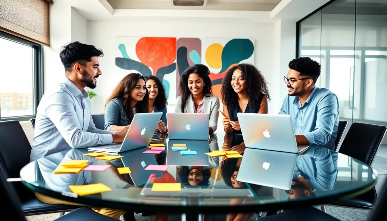 diverse professionals collaborating in a vibrant, modern workspace.
