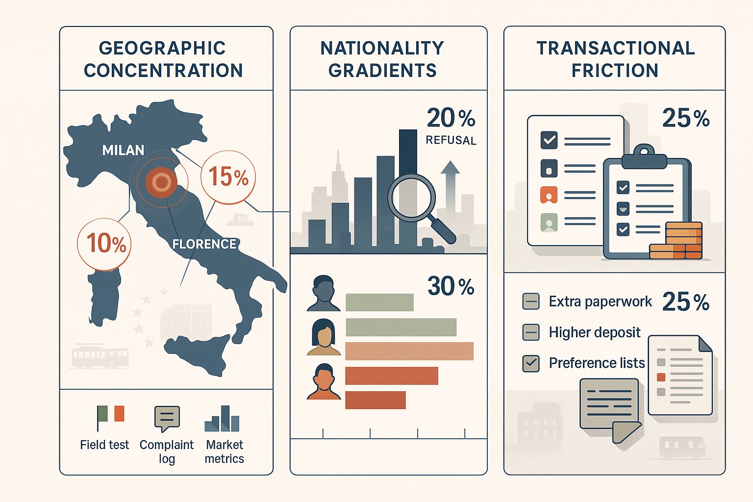 Mappa e infografica a tre pannelli che mostra i modelli di discriminazione negli affitti in Italia.