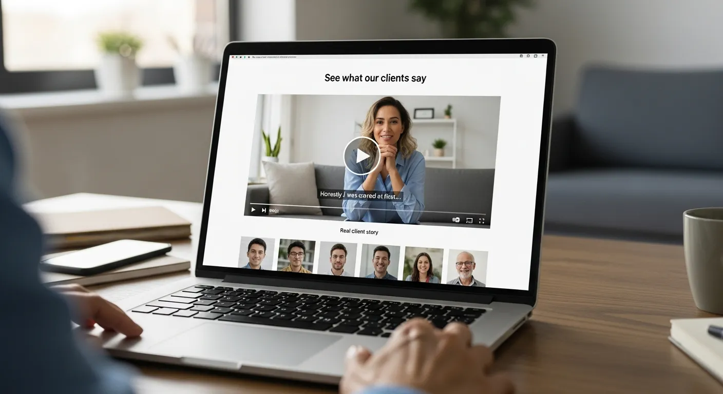 Laptop showing embedded client video testimonials on a clean, modern website interface.