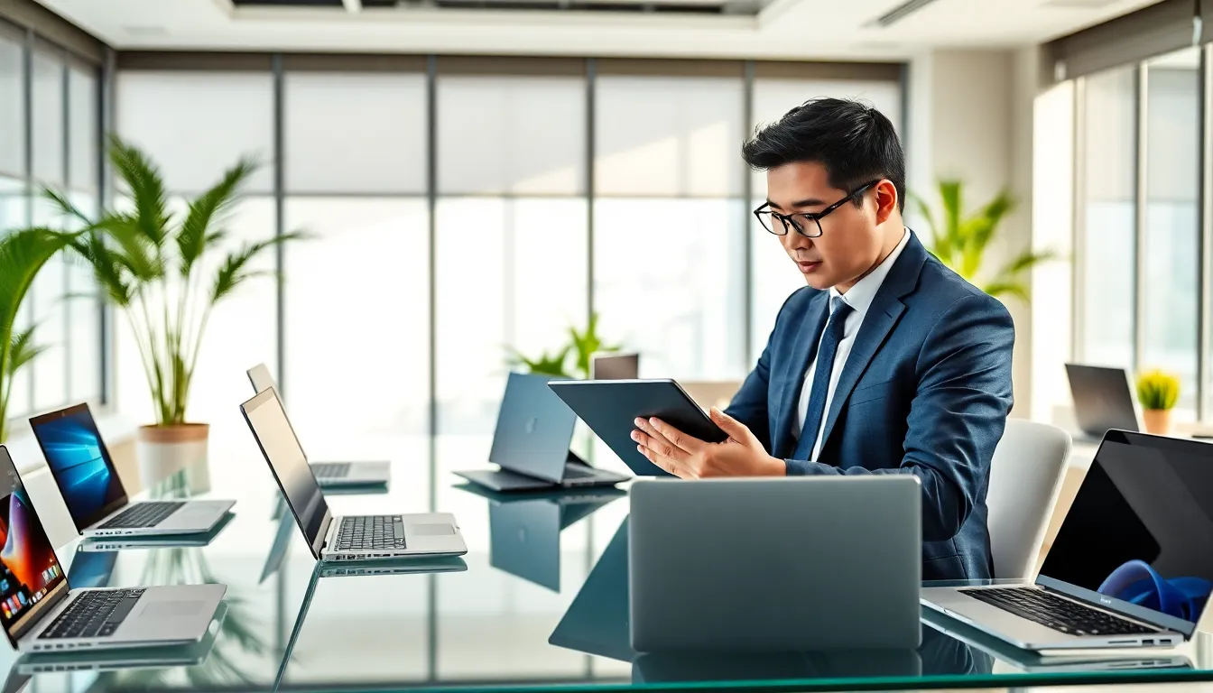 man researching laptops in a modern office.