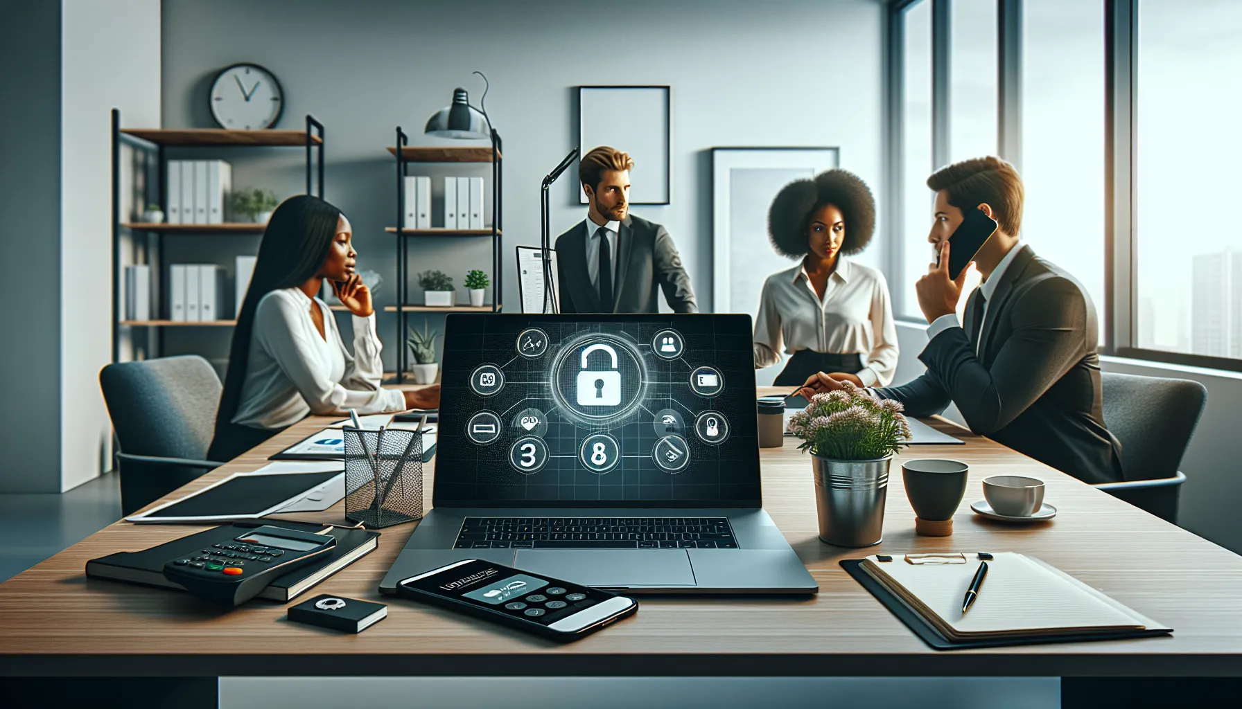 diverse professionals discussing phone privacy in a modern office.