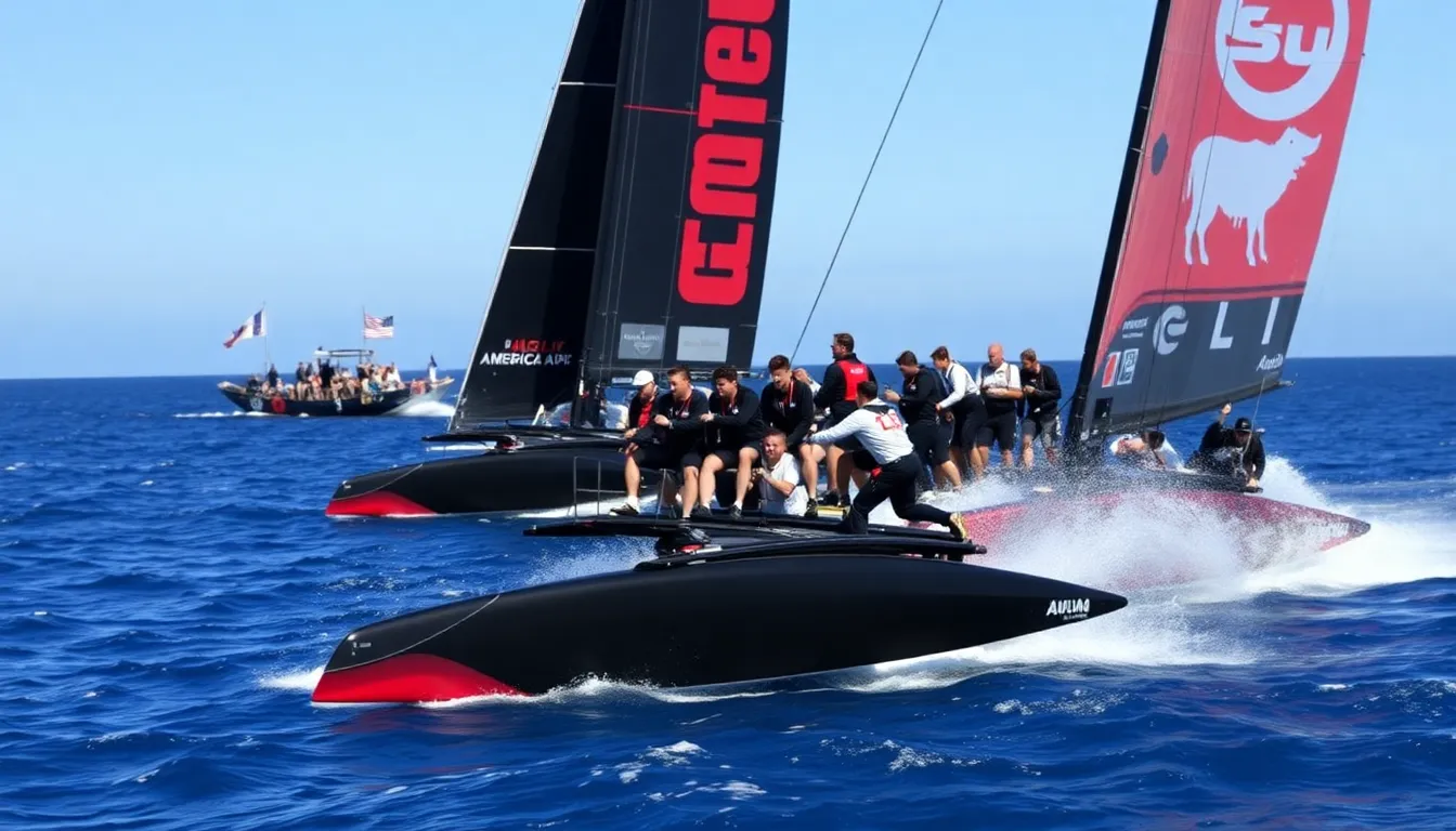 exciting moment at the America's Cup race with diverse sailors and catamarans.