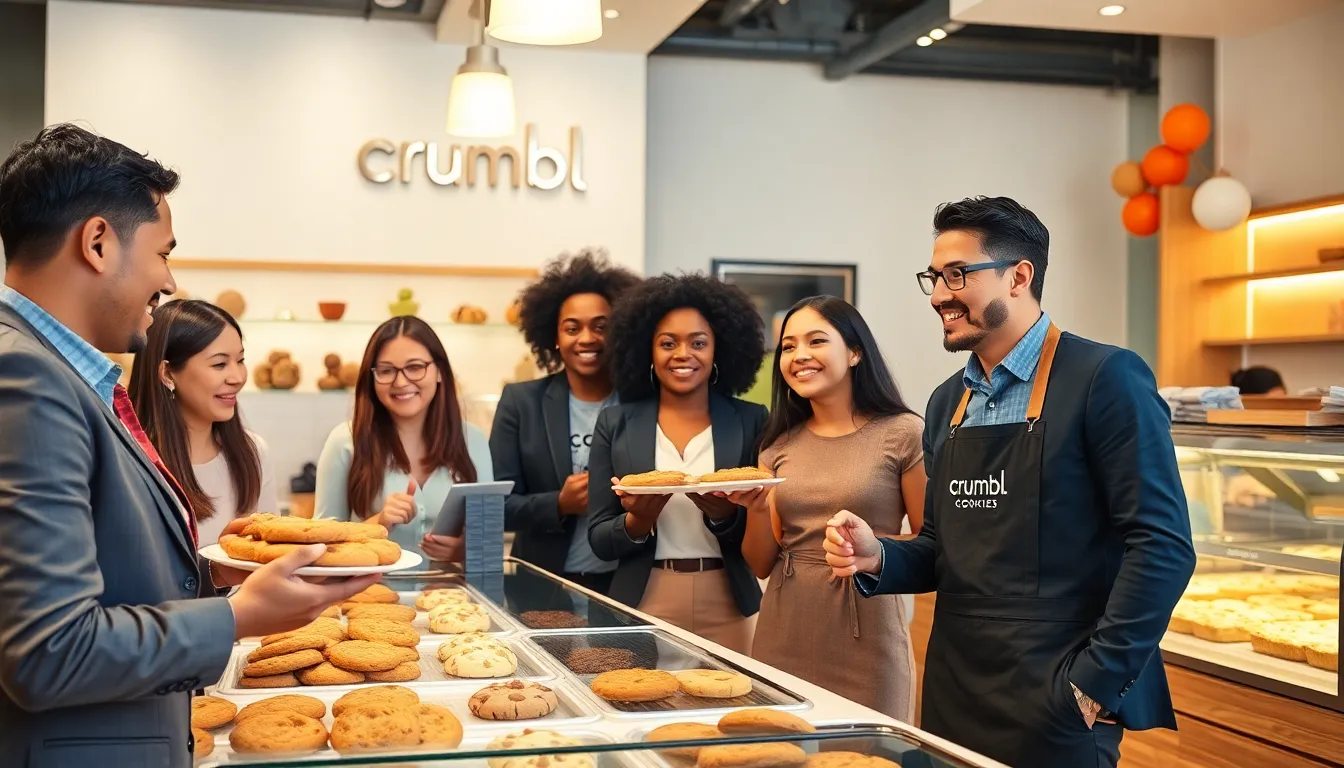 diverse group enjoying cookies at a Crumbl Cookies store.