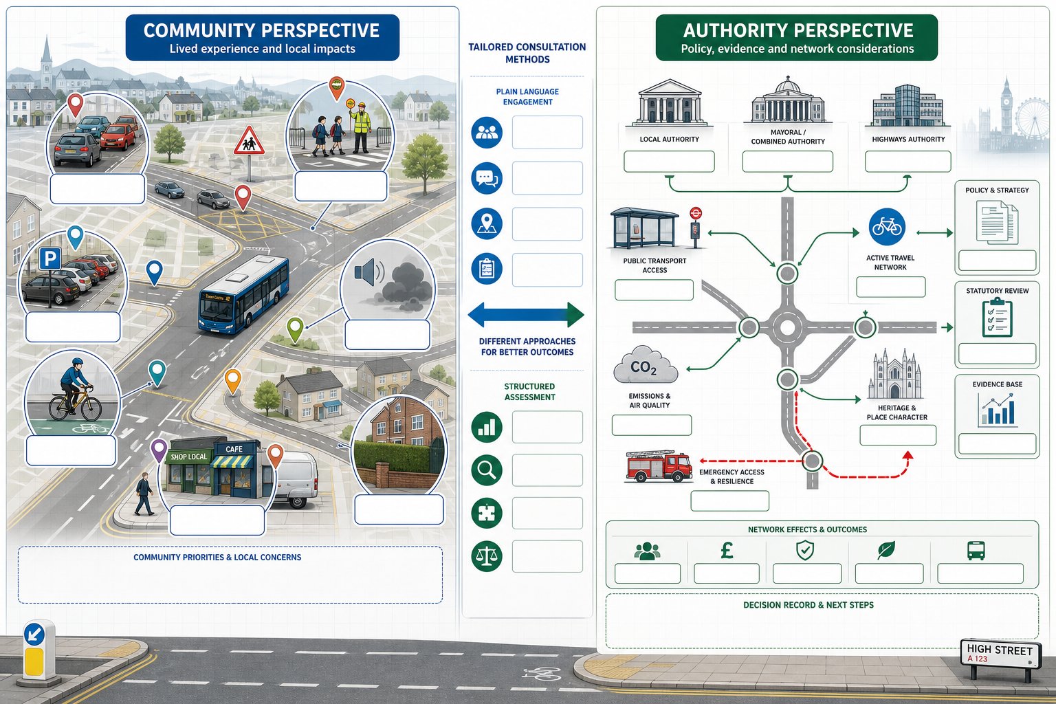 Infographic comparing transport consultation needs of communities, businesses, and UK authorities.