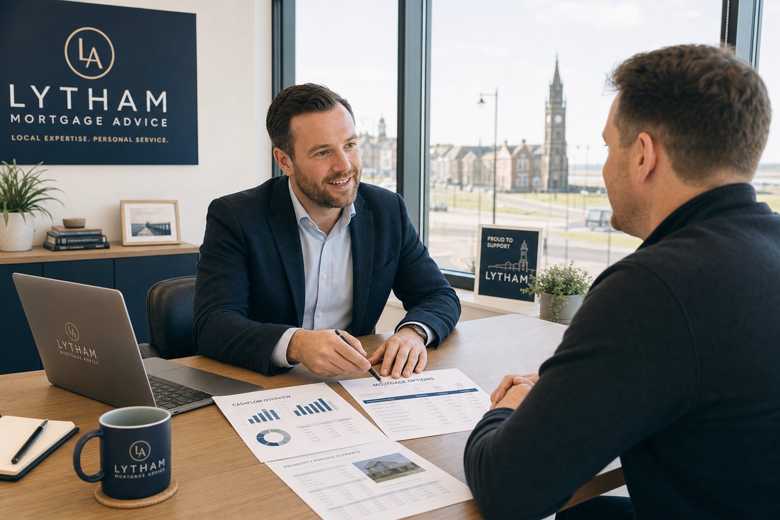 Commercial Mortgage Broker Lytham 7 Commercial mortgage adviser meeting a business owner in a bright modern office with documents and laptop.