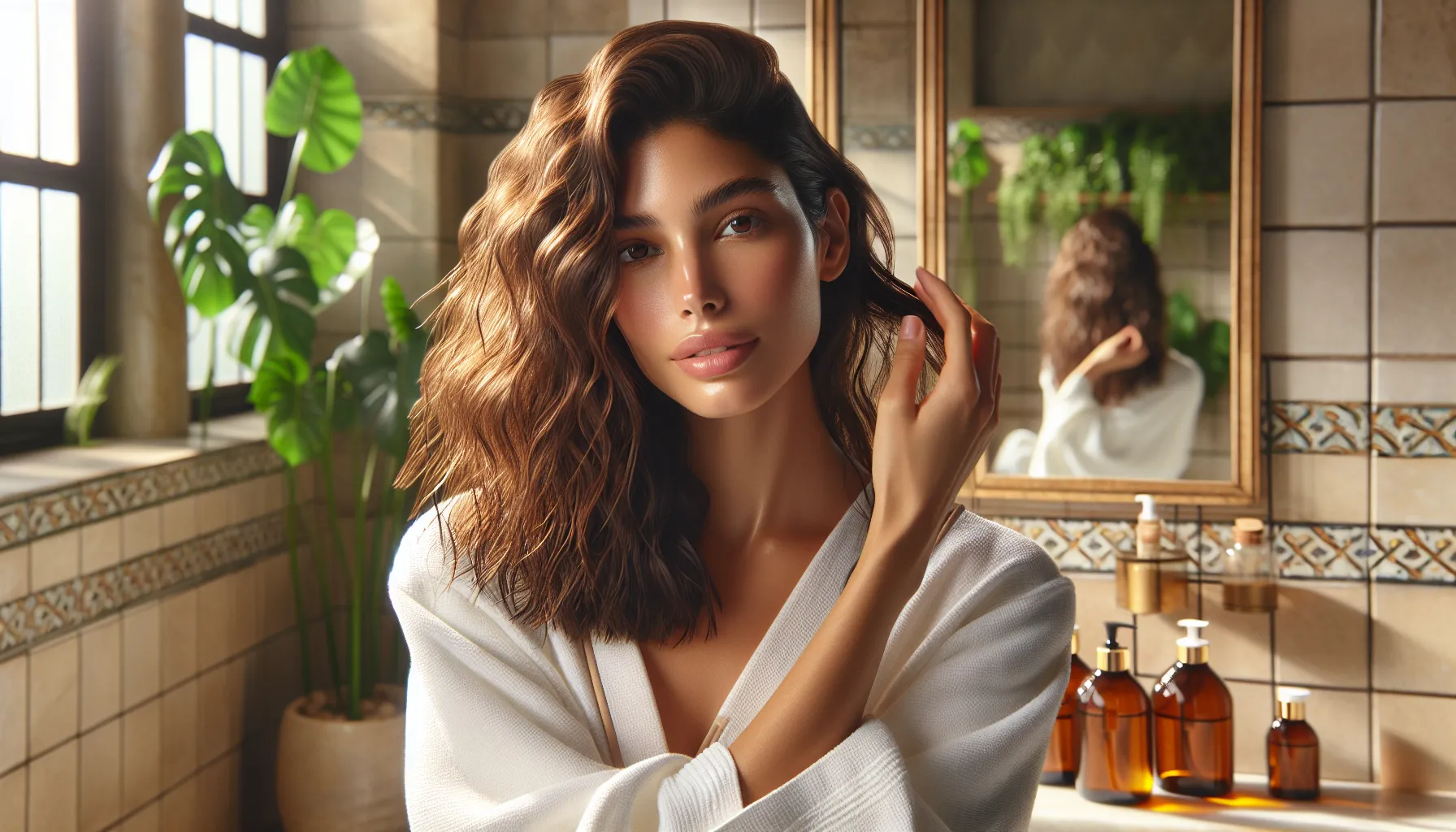 A woman applying hair mask in a sunlit Spanish bathroom.