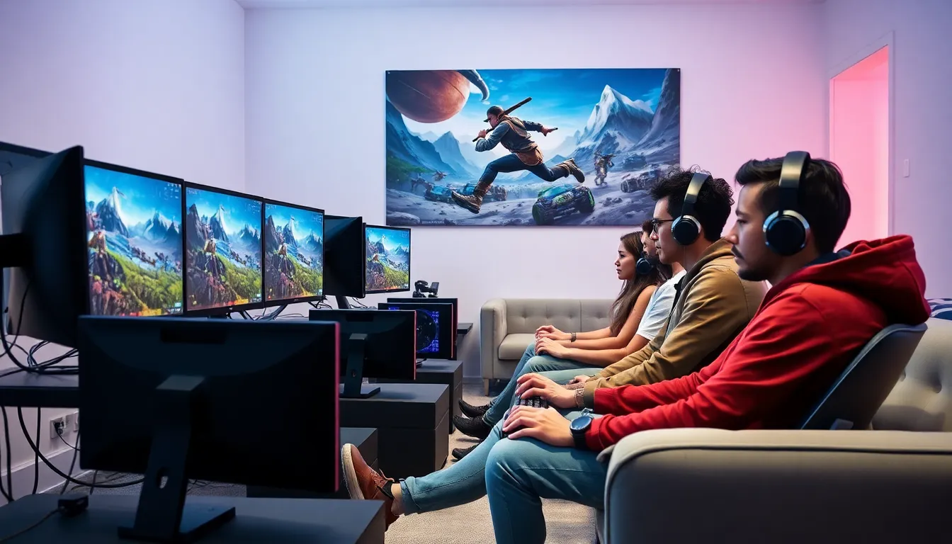diverse gamers playing LightNiteOne on modern PCs in a stylish gaming room.