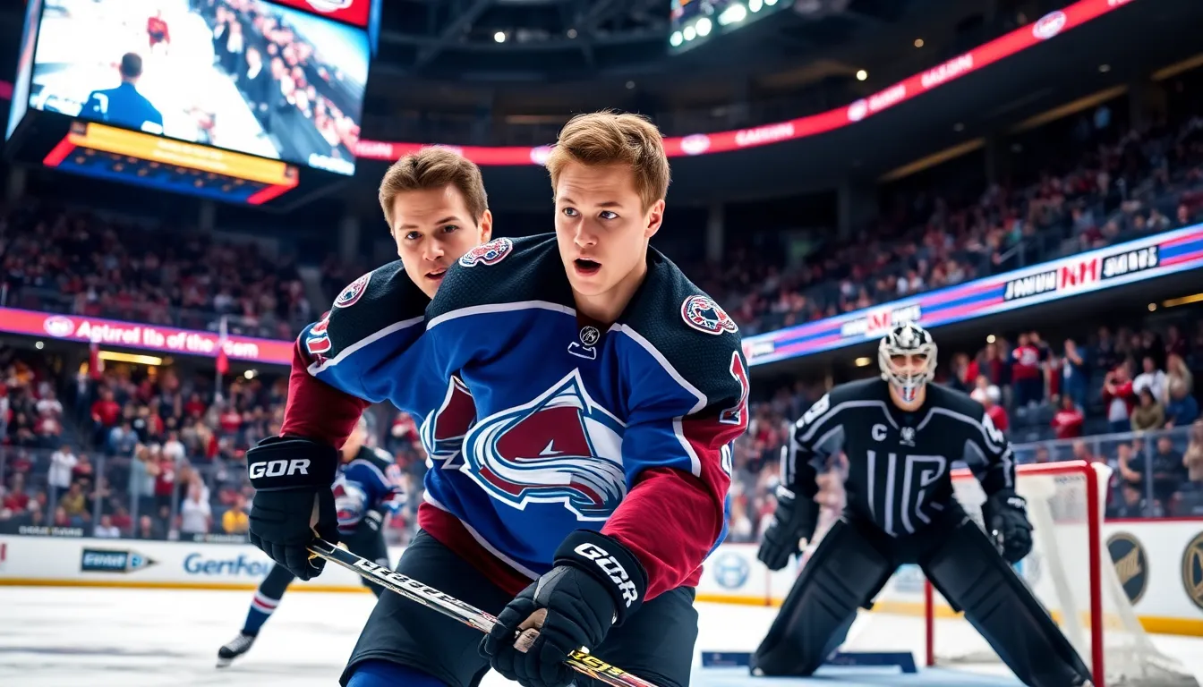 Nathan MacKinnon skating during an intense hockey game in a packed arena.