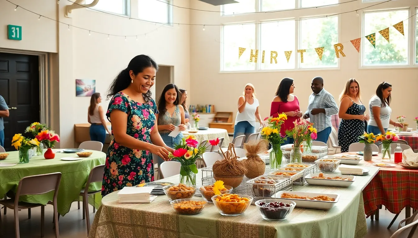 a diverse group preparing for a budget-friendly community event indoors.