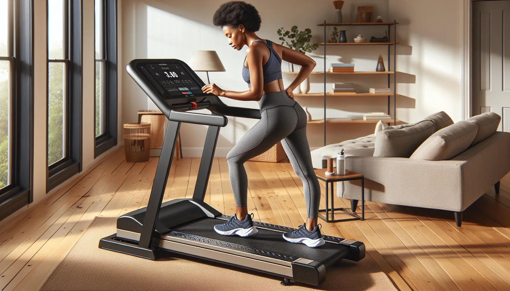 Woman folding cushioned treadmill on mat in small apartment, wearing soft-soled sneakers.