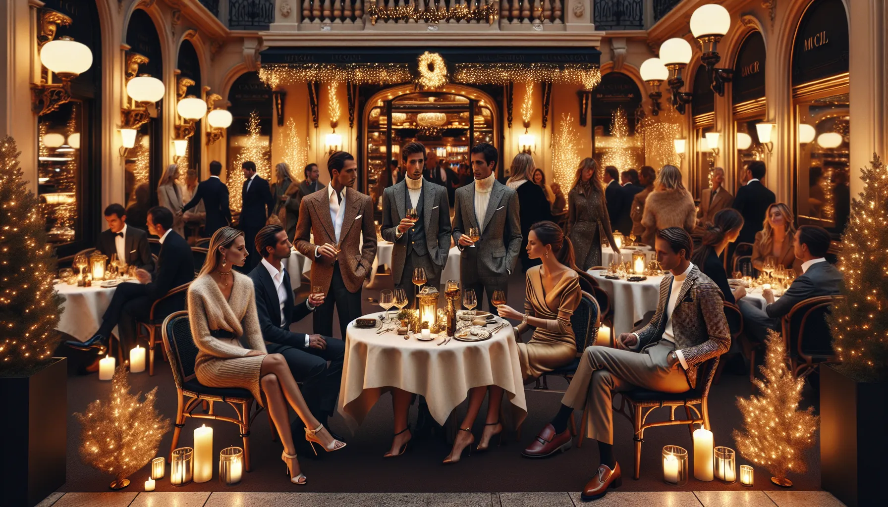 Well-dressed couples in smart-casual evening outfits at a chic Monaco casino-restaurant.