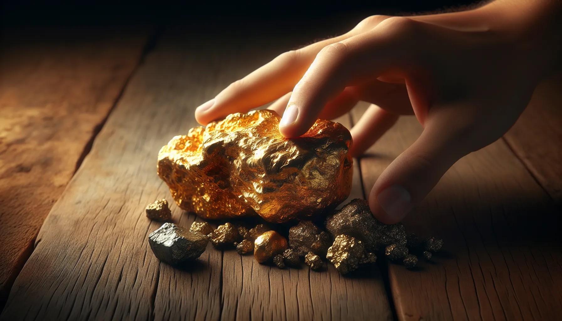 a close-up of gold and pyrite samples on a wooden surface.