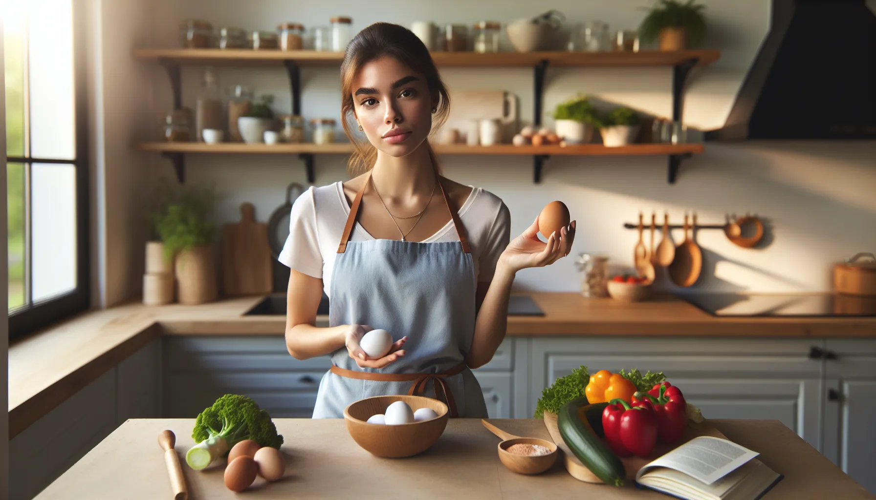 A young woman comparing brown and white eggs in a bright kitchen.