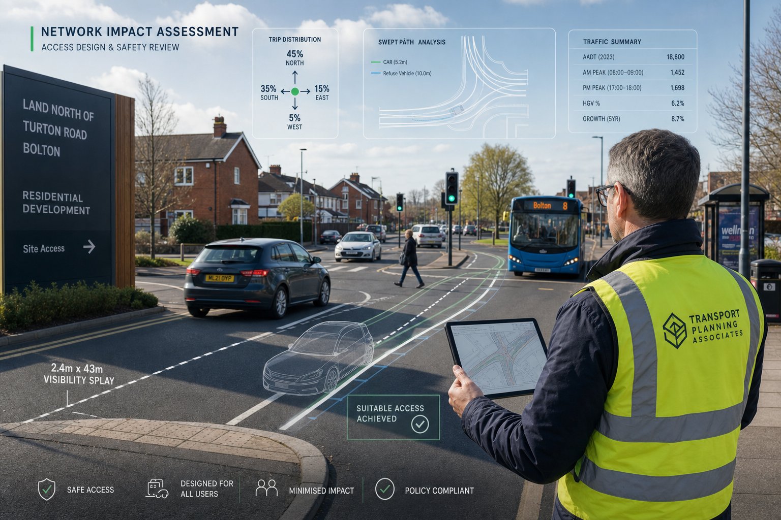 Traffic engineer assessing road access and safety near a UK junction.