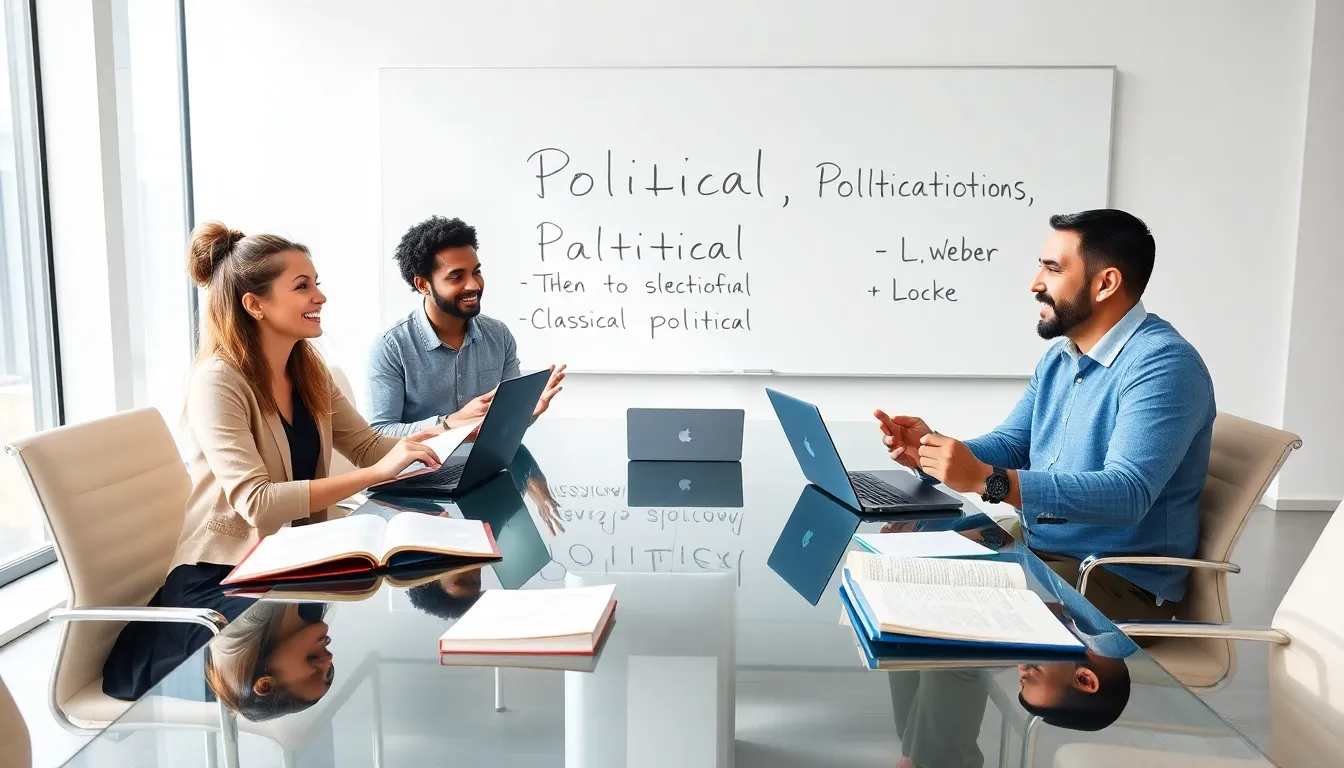 diverse scholars discussing political philosophy in a modern classroom.