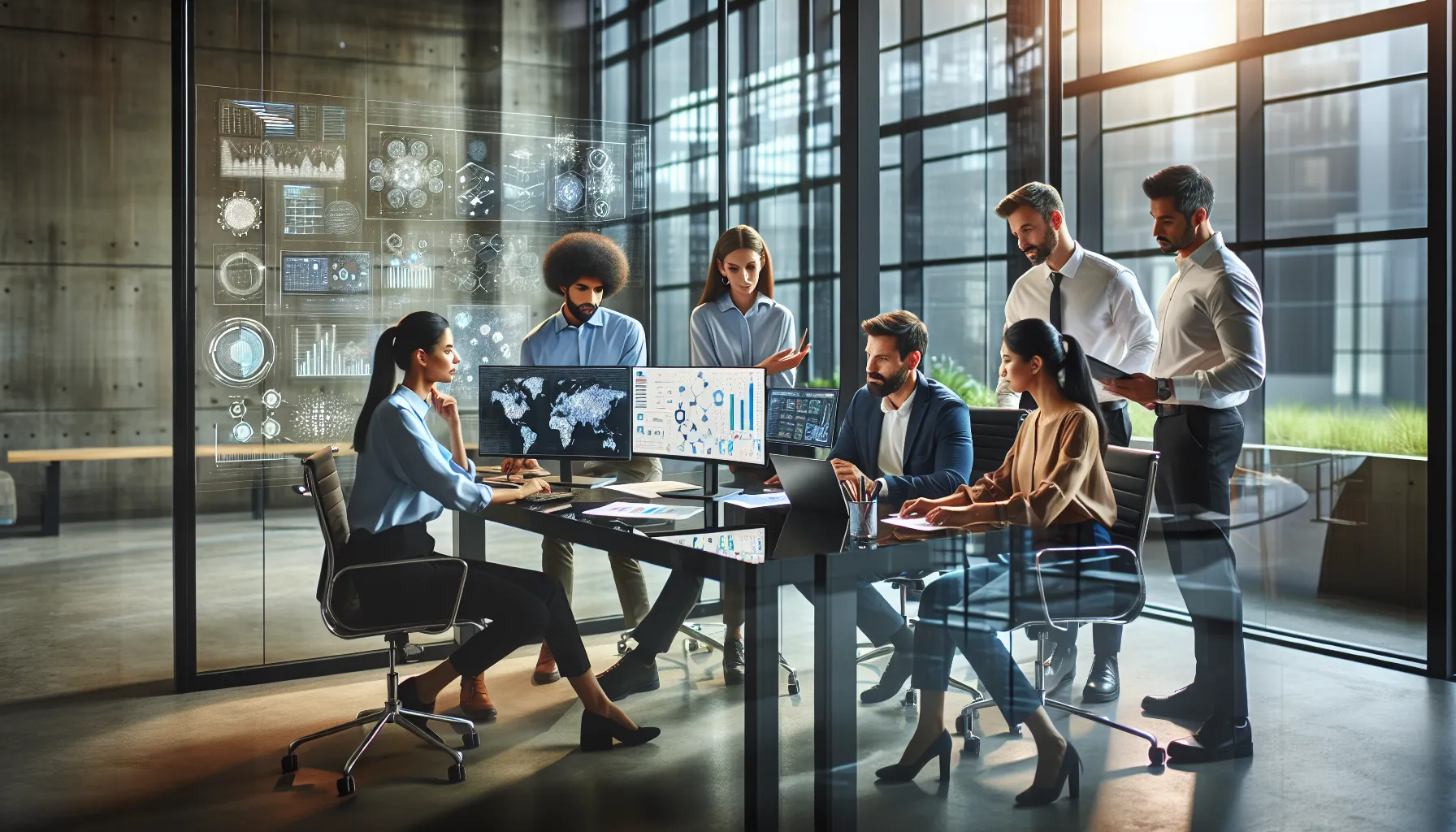 diverse team collaborating on project management in a modern office.
