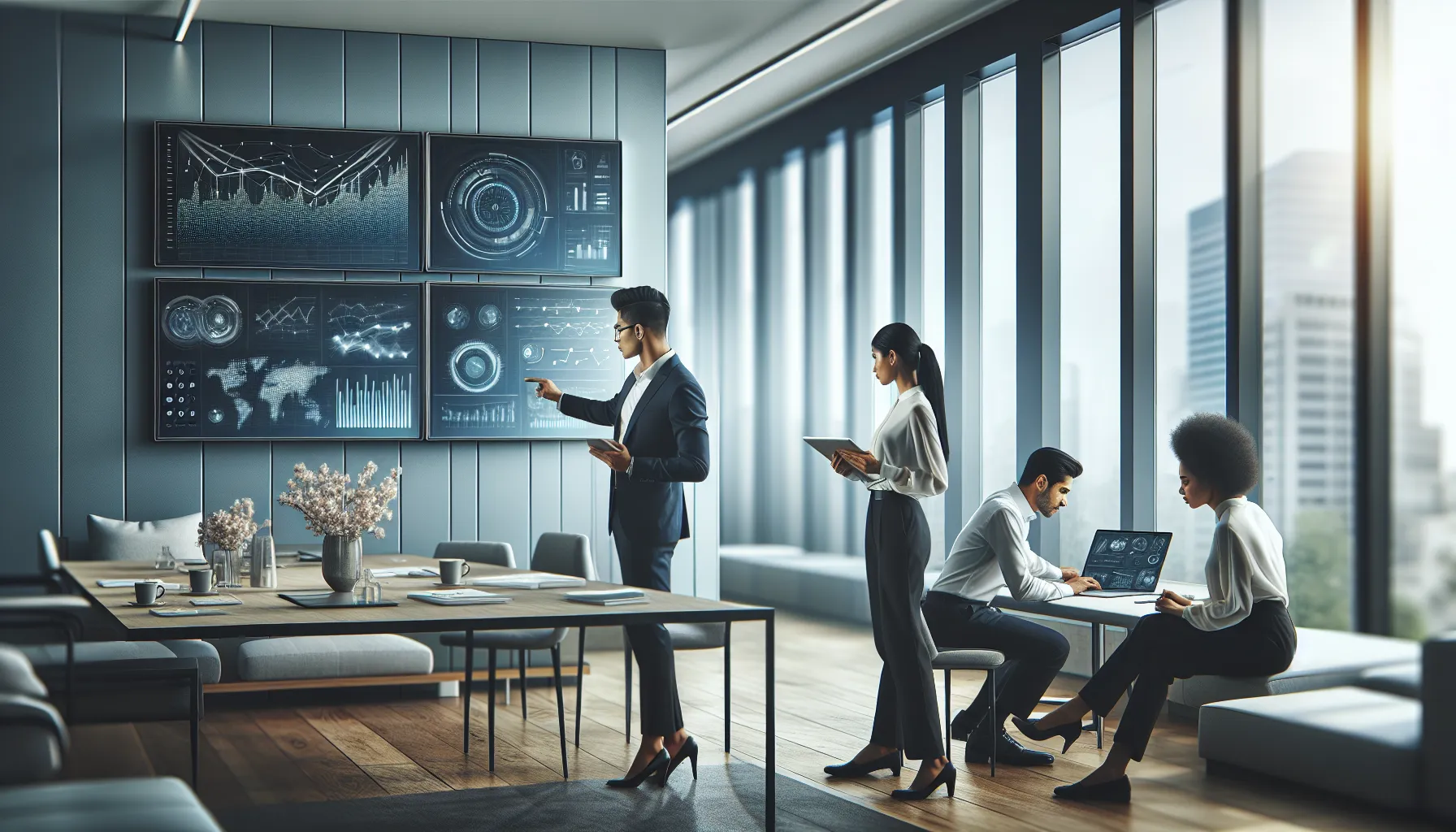 diverse team analyzing data in a modern office setting.