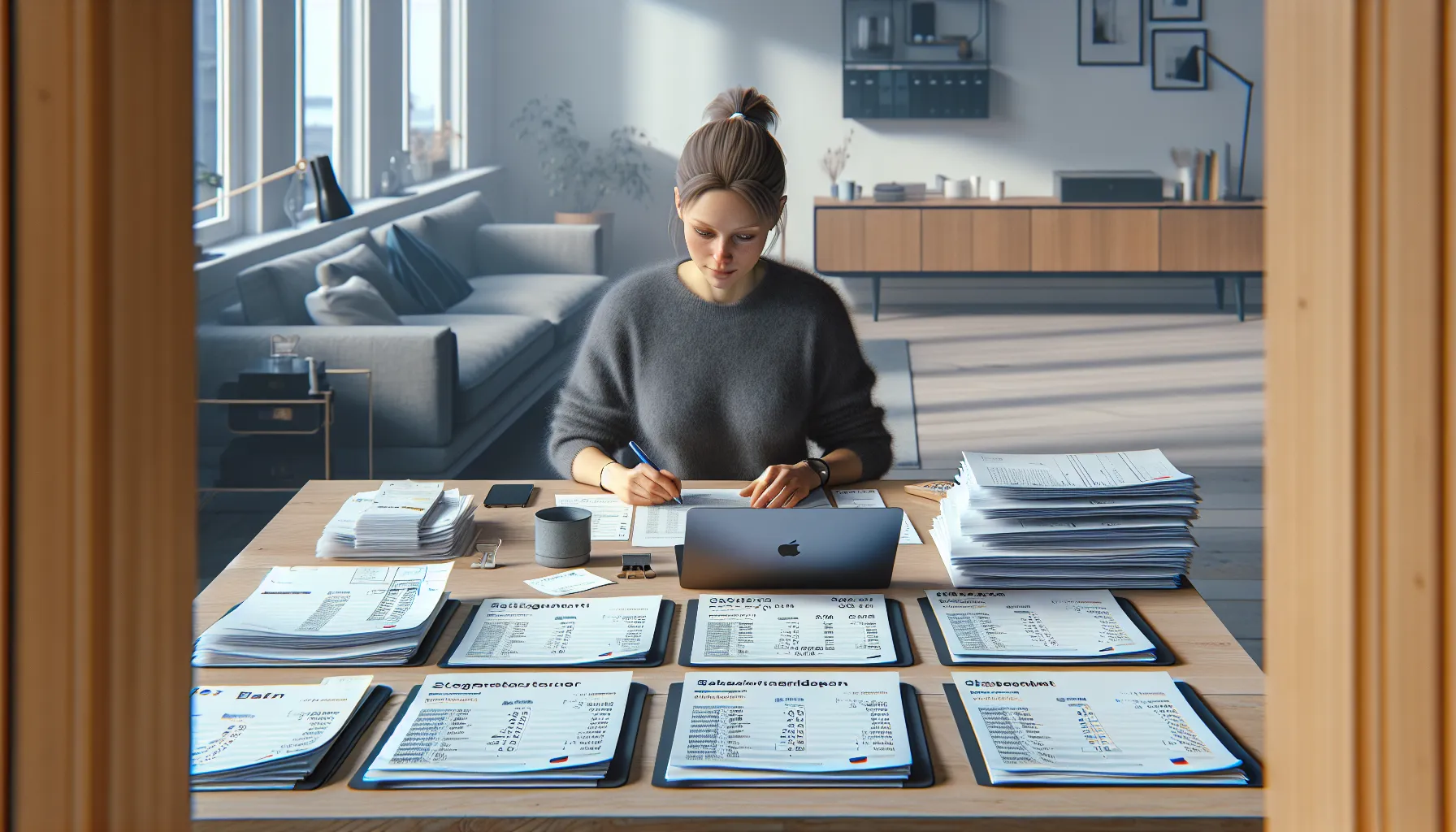 Hvordan lagre eiendeler under en skilsmisse: praktiske tips 1 Norwegian woman organizing divorce asset documents and freezing joint cards.