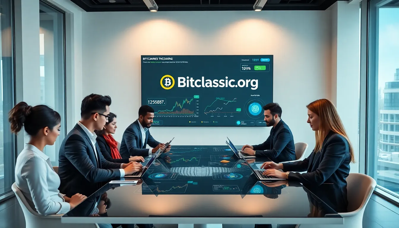 professionals collaborating on cryptocurrency insights in a modern office