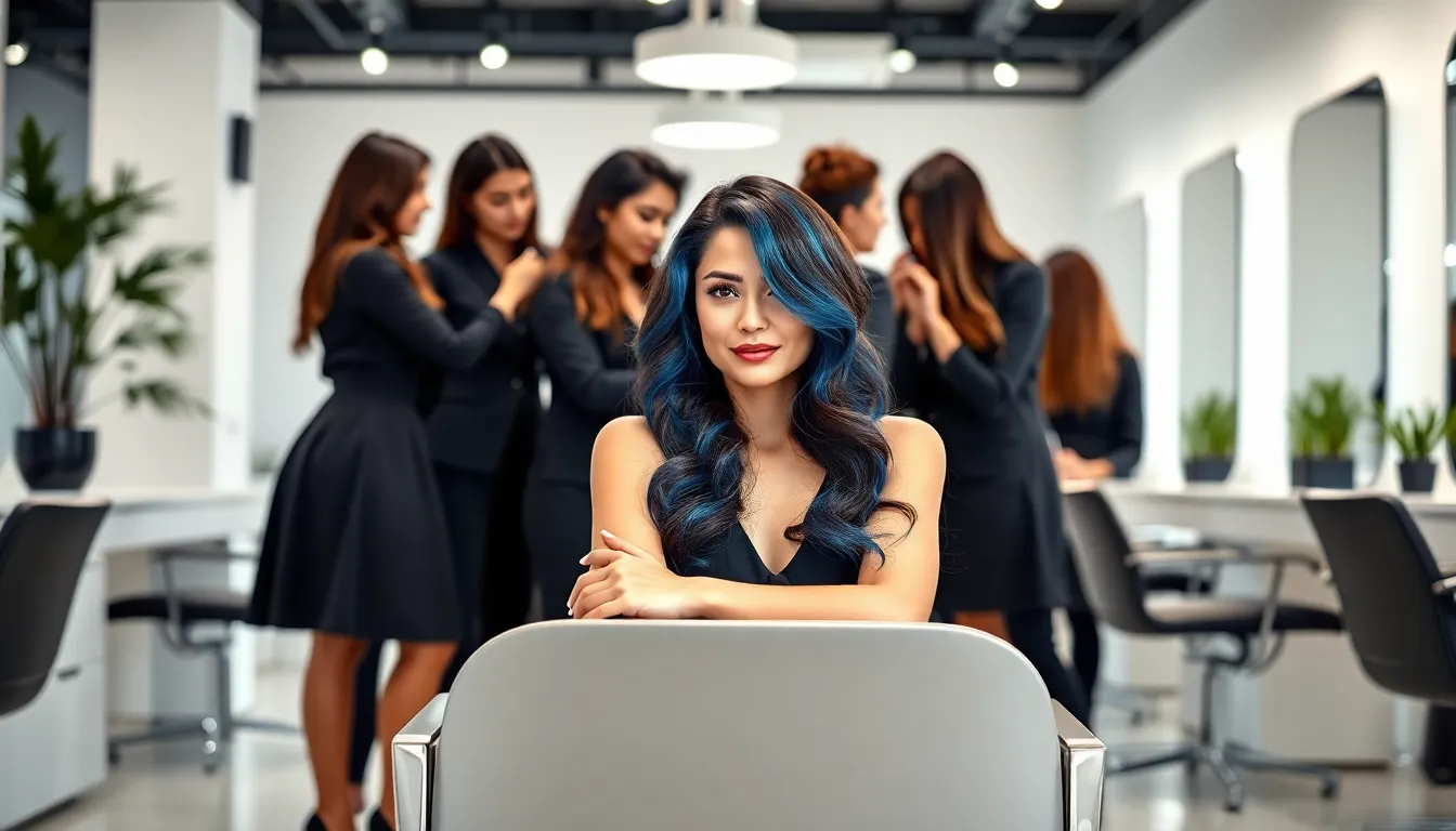 A woman with blu3ey3dbrun3tte hair in a modern salon.