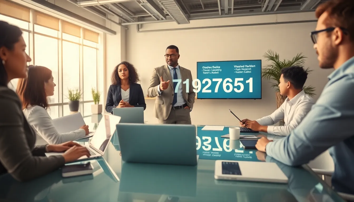 Professionals discussing the significance of a number in a modern office.