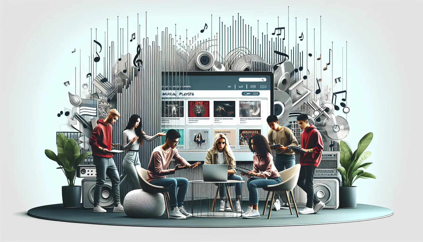 diverse group exploring the Music Guide Elena on digital devices.