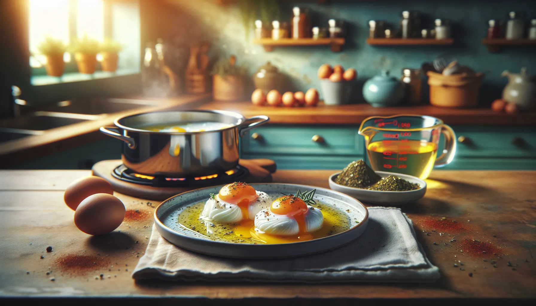 cooked eggs prepared as poached and fried on a kitchen counter.