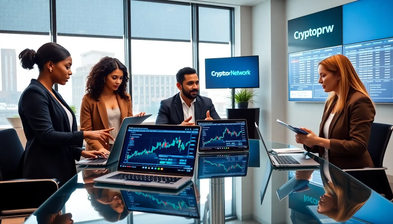 professionals collaborating on cryptocurrency trading in a bright modern office.