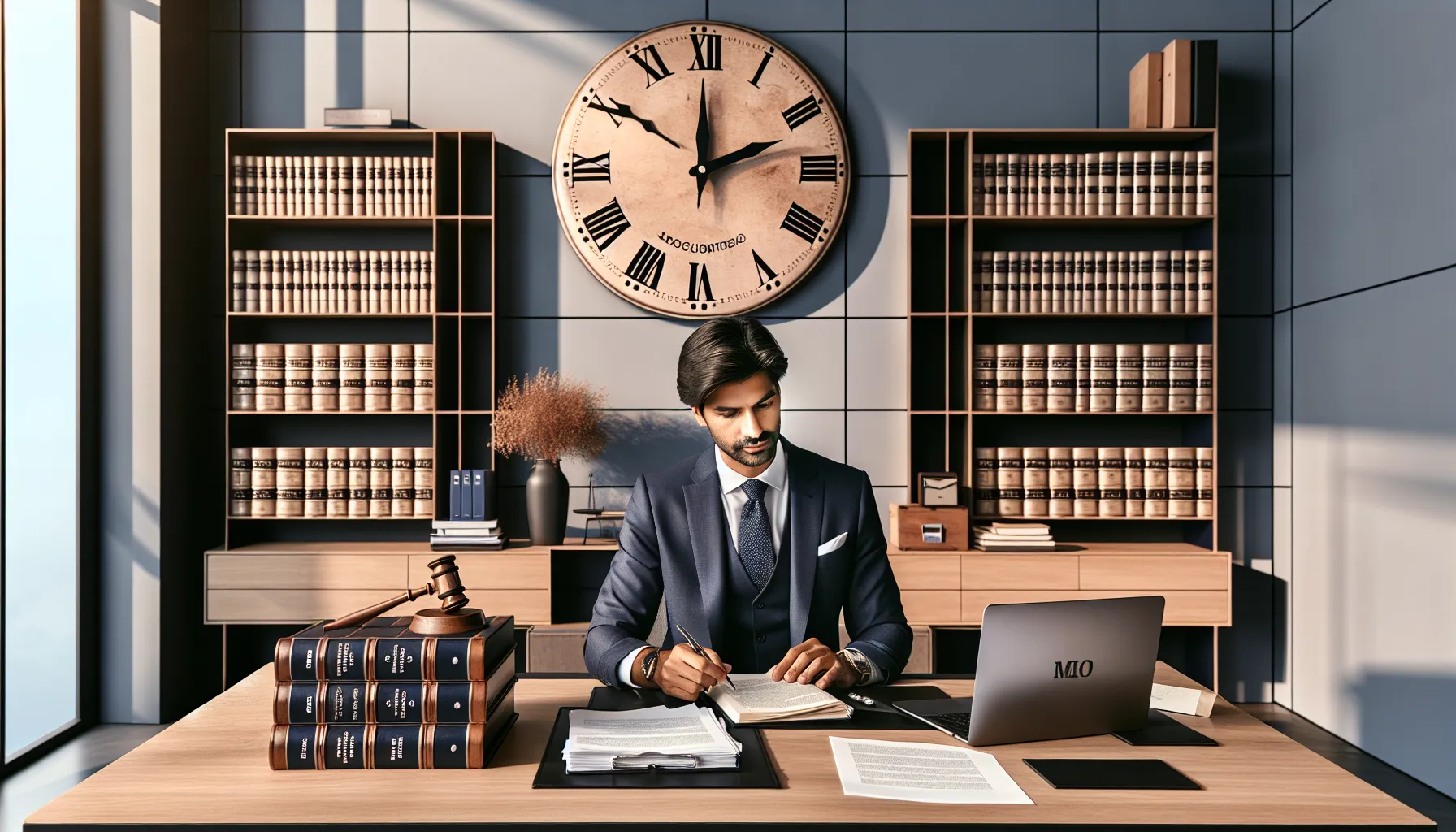 Croatian legal consultant reviewing credit documents in modern office with law books