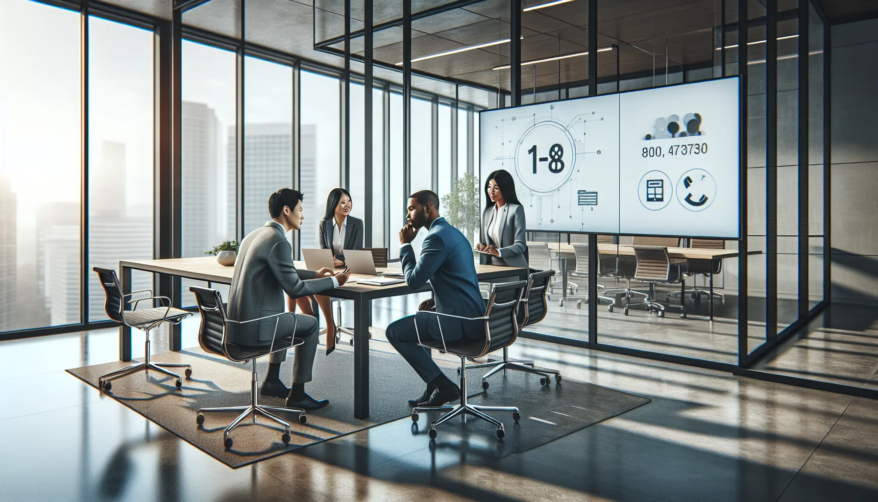 diverse professionals discussing in a modern office with a toll-free number displayed.