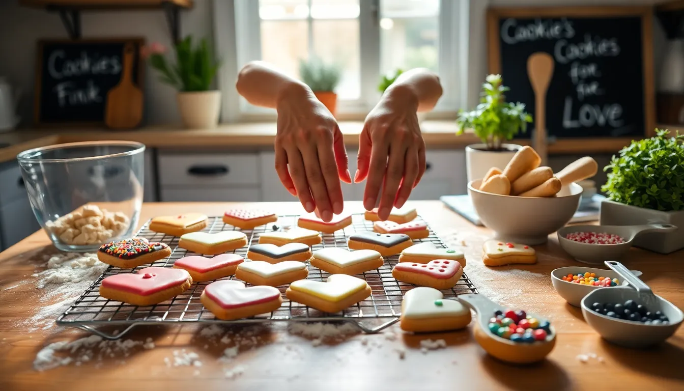 a woman placing heart-shaped cookies on a cooling rack in a warm kitchen.