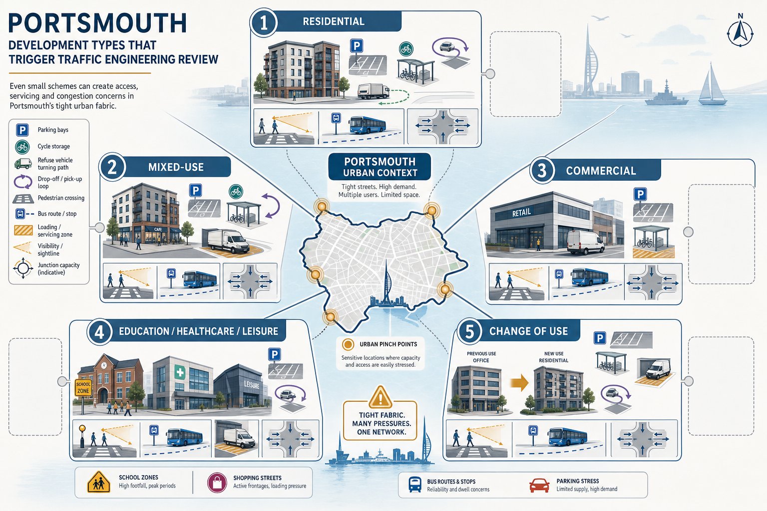 Infographic of Portsmouth development types and traffic engineering issues for planning projects.