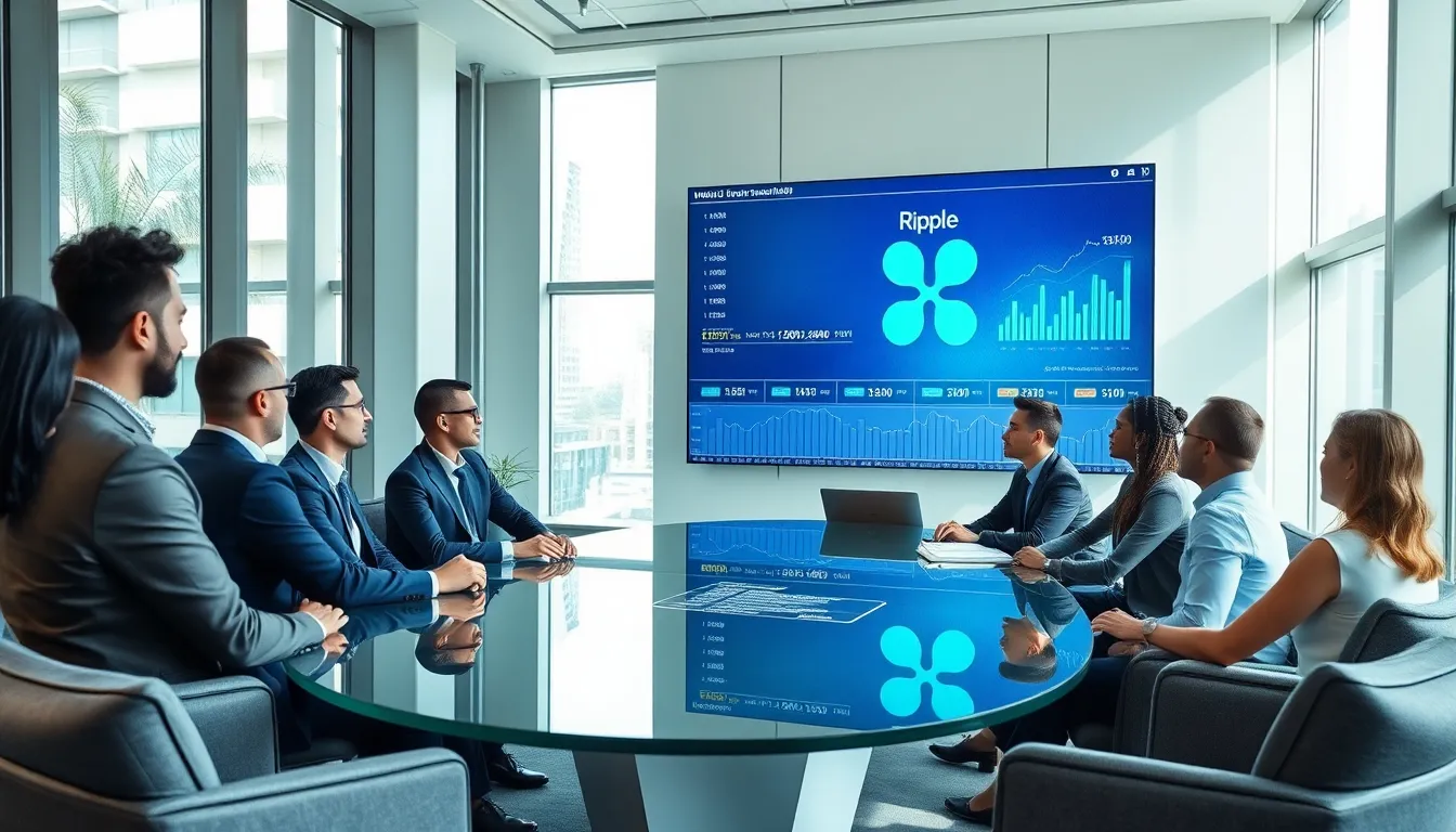 diverse finance team discussing Ripple cryptocurrency in a modern office.