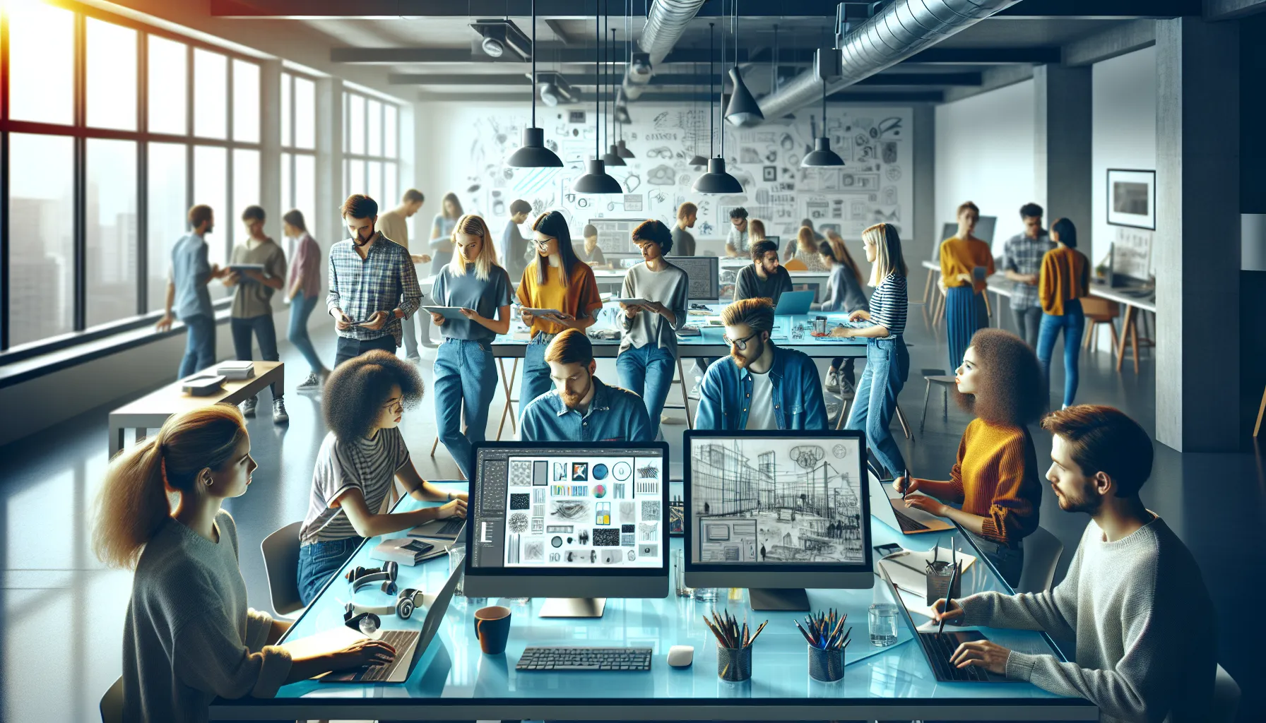 students collaborating in a modern classroom for Photoshop course.