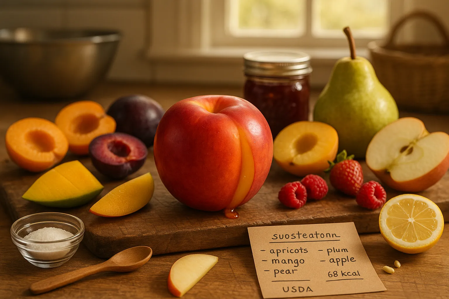 A ripe nectarine on a board surrounded by apricot, plum, mango, pear, apple, and berries.