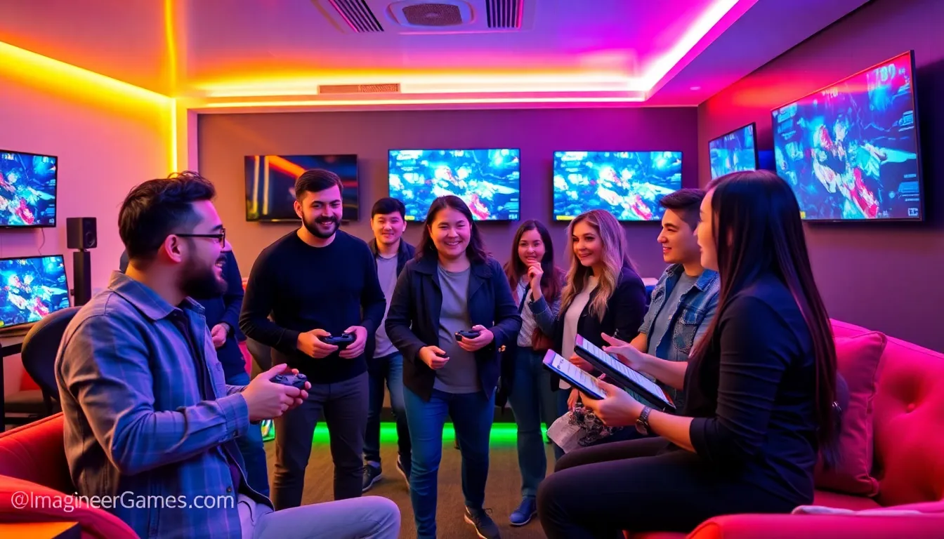 diverse group enjoying games in a modern gaming lounge.