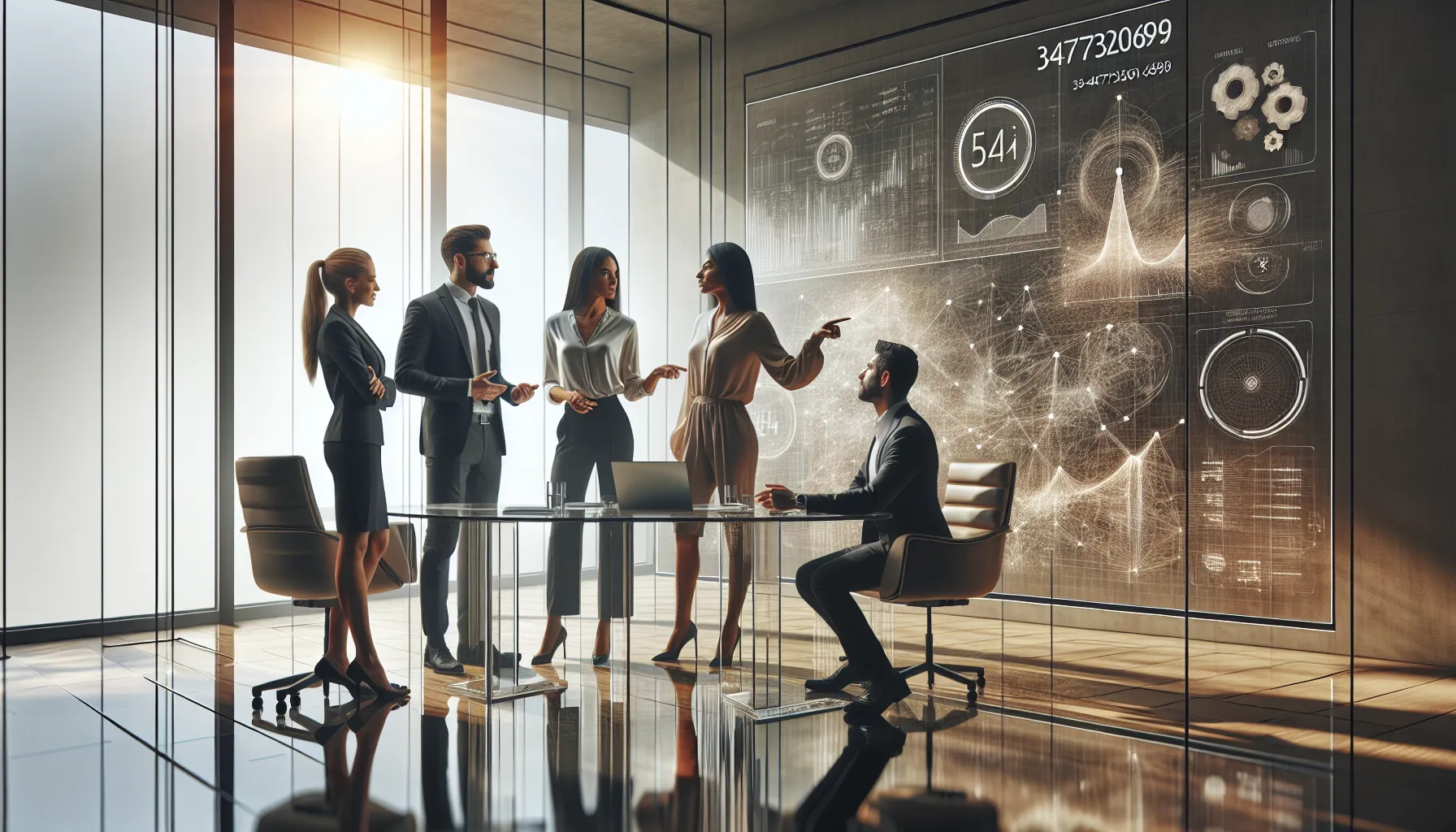 professionals discussing data patterns in a modern conference room.