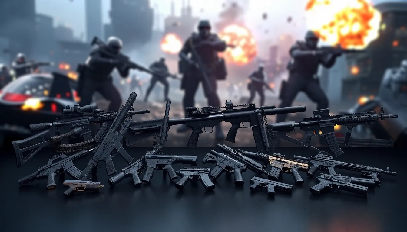 various futuristic guns from Battlefield 2042 on a sleek surface.