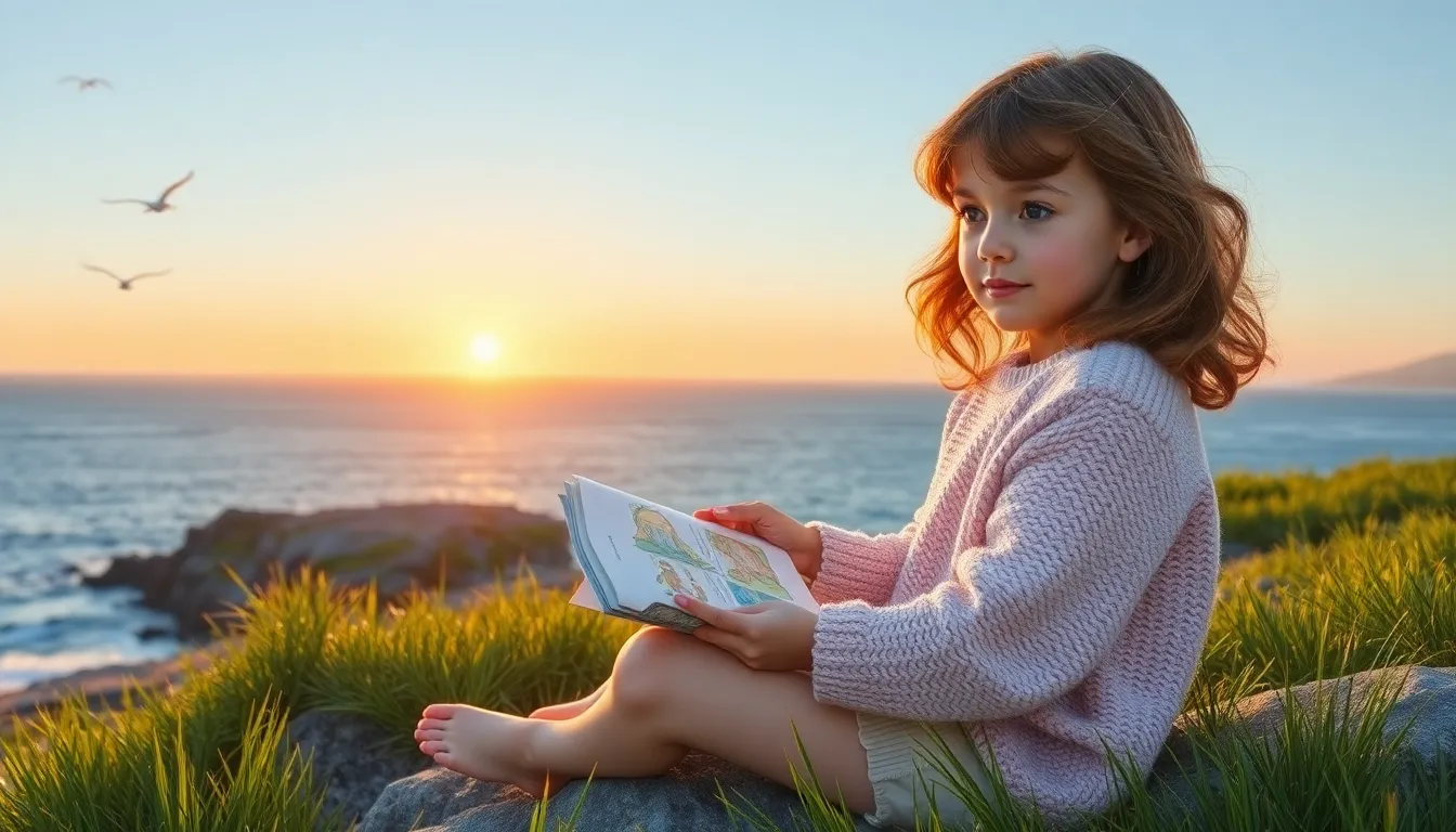 a young girl reading a book by the ocean at sunset.