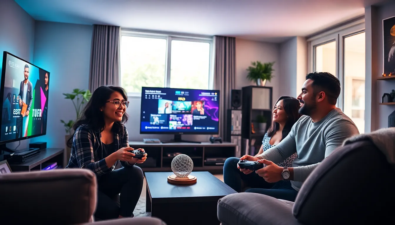 diverse gamers collaborating in a modern living room setting.