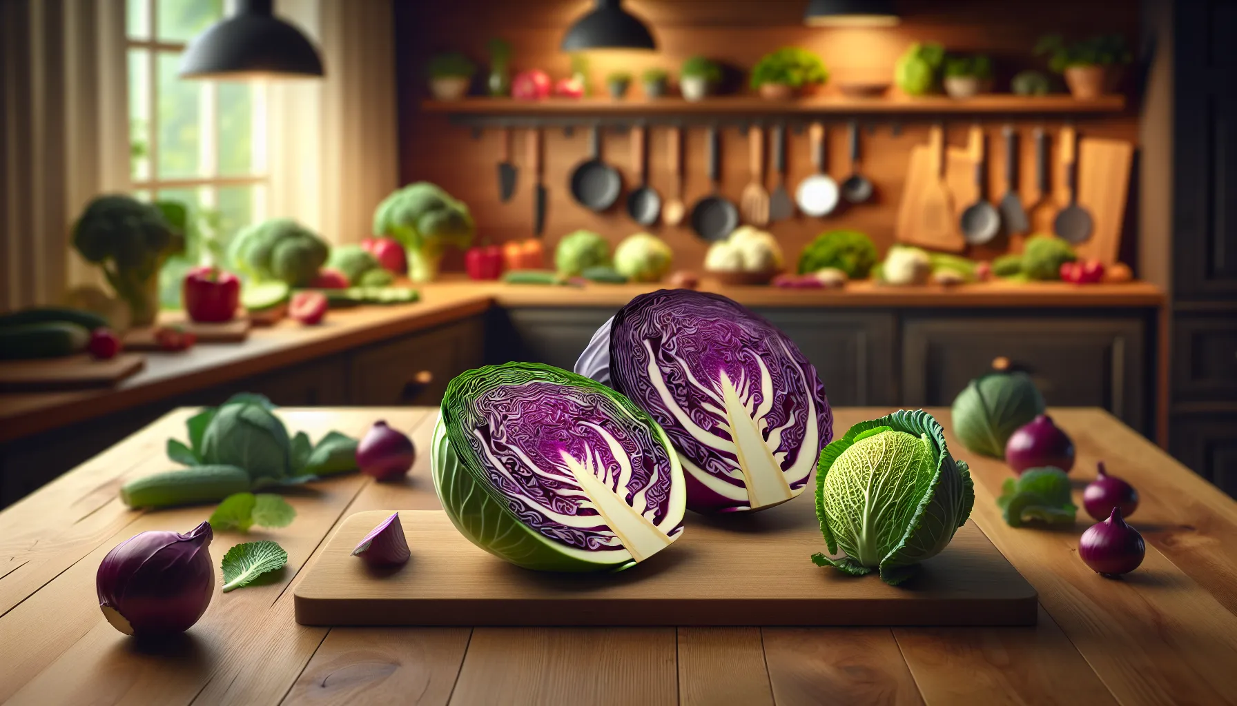 Red and green cabbage halves on a wooden kitchen surface.
