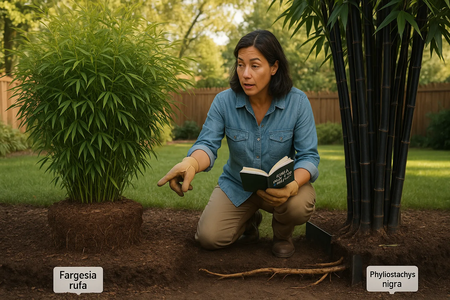 Side-by-side Fargesia clump and tall Phyllostachys with gardener pointing.