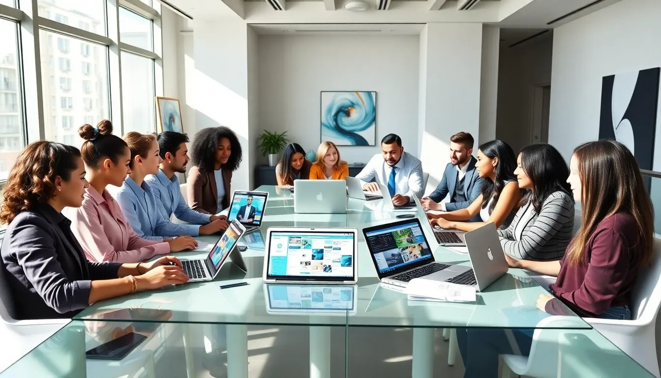 diverse team discussing social media literacy in a modern office setting.