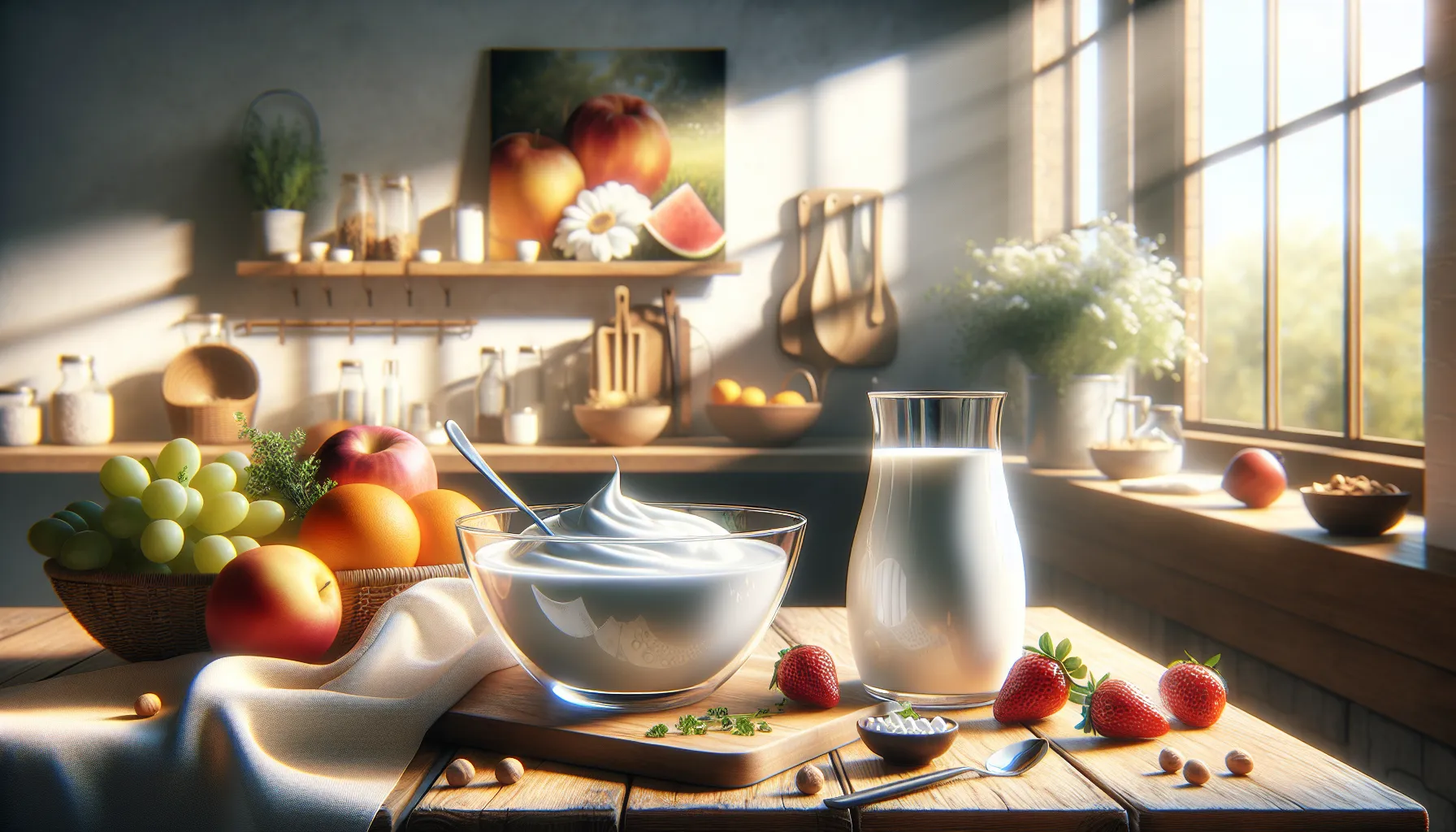 a bowl of curd and a cup of milk on a kitchen table.