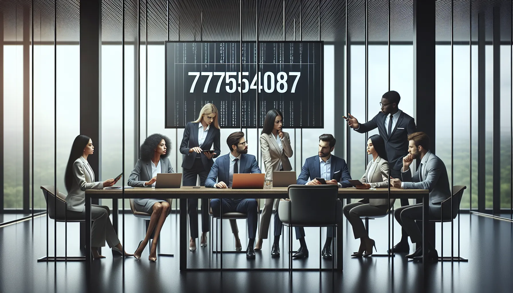 diverse team discussing numbers in a modern office setting.